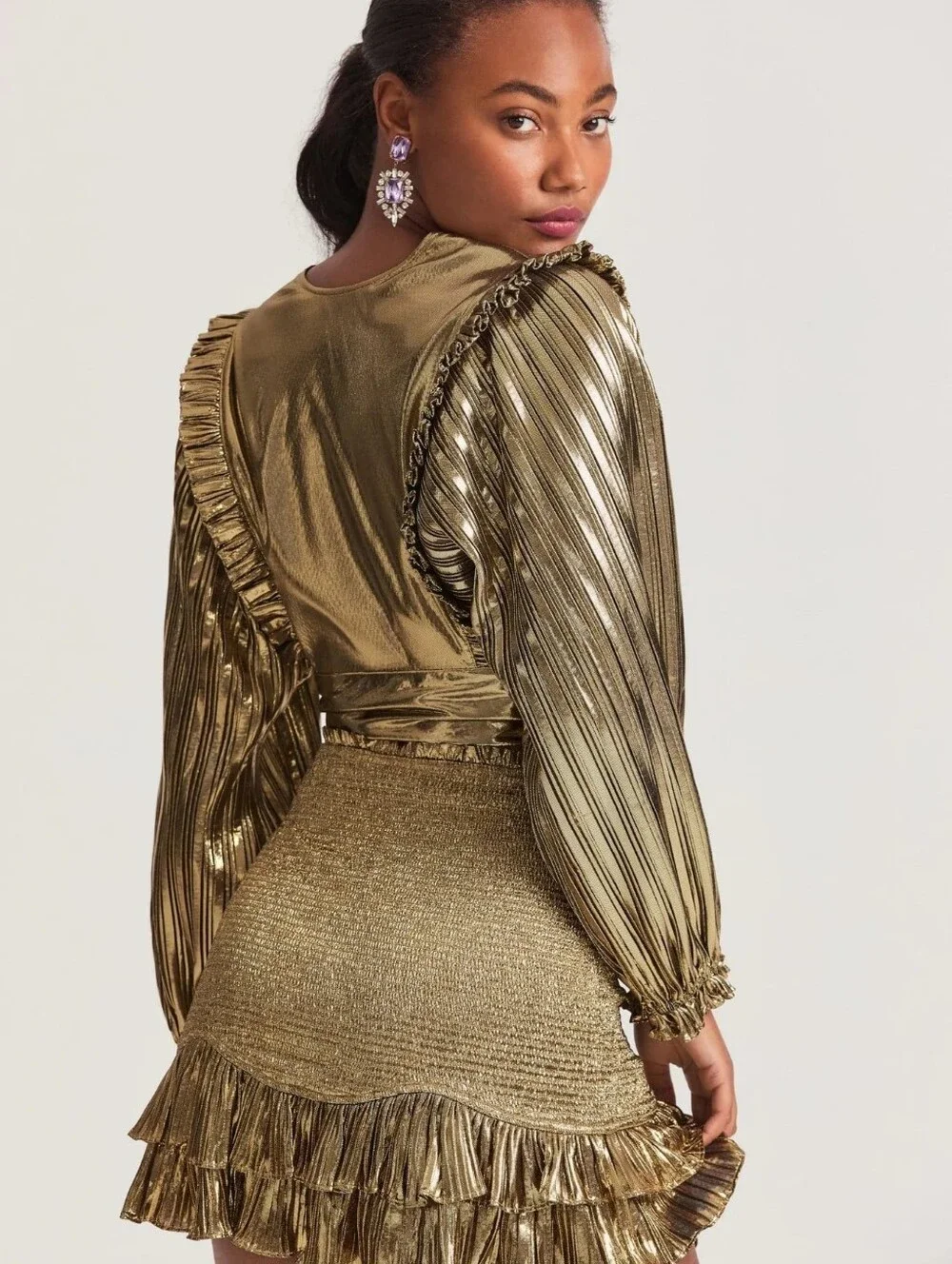LoveShackFancy Missy Shine Crop Top & Nolita Skirt Set Metallic Gold Sz M